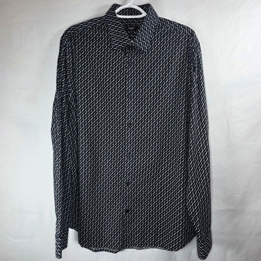 Express Slim 1MX Shirt Navy Blue Geometric Diamond Long Sleeve | Mens Large